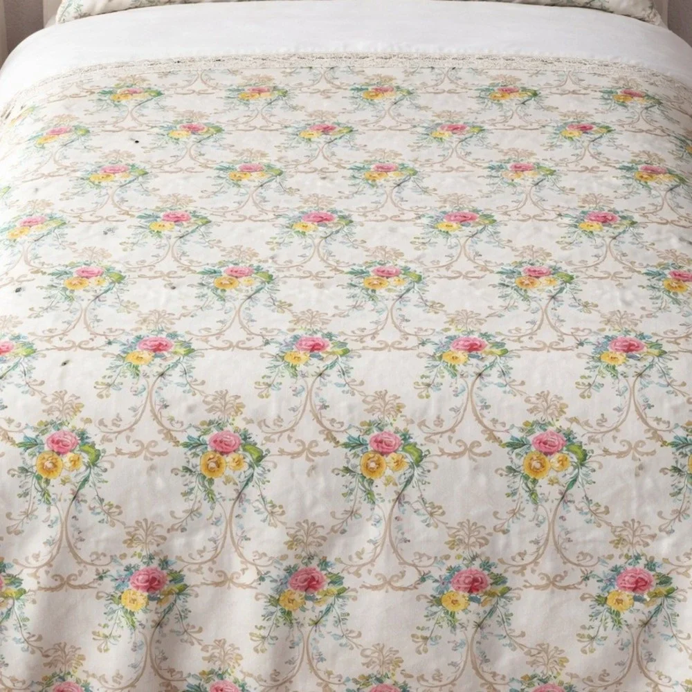 Vintage Floral Lace Trim Twin Sheet Set‎ Pink Yellow Roses Cottagecore 2pc